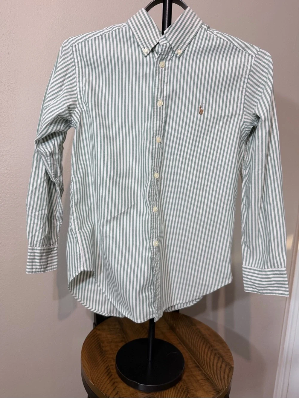 Ralph Lauren Boys Green/White Striped Cotton Button-Up Shirt M 10/12